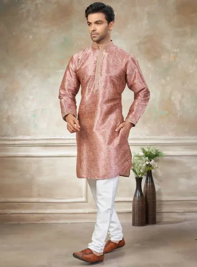 Pink Colour Cotton With Embroidery Work Kurta Payjama Menswear Collections